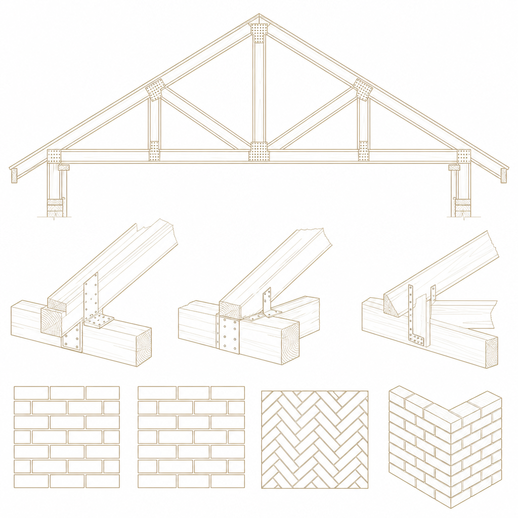 Technical drawings of roof framing, beam joints and stone coursing