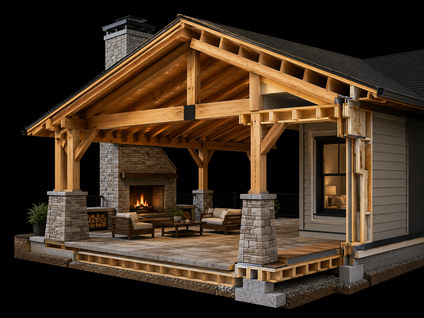 Cutaway showing wood-frame construction of a covered patio with stone columns and fireplace