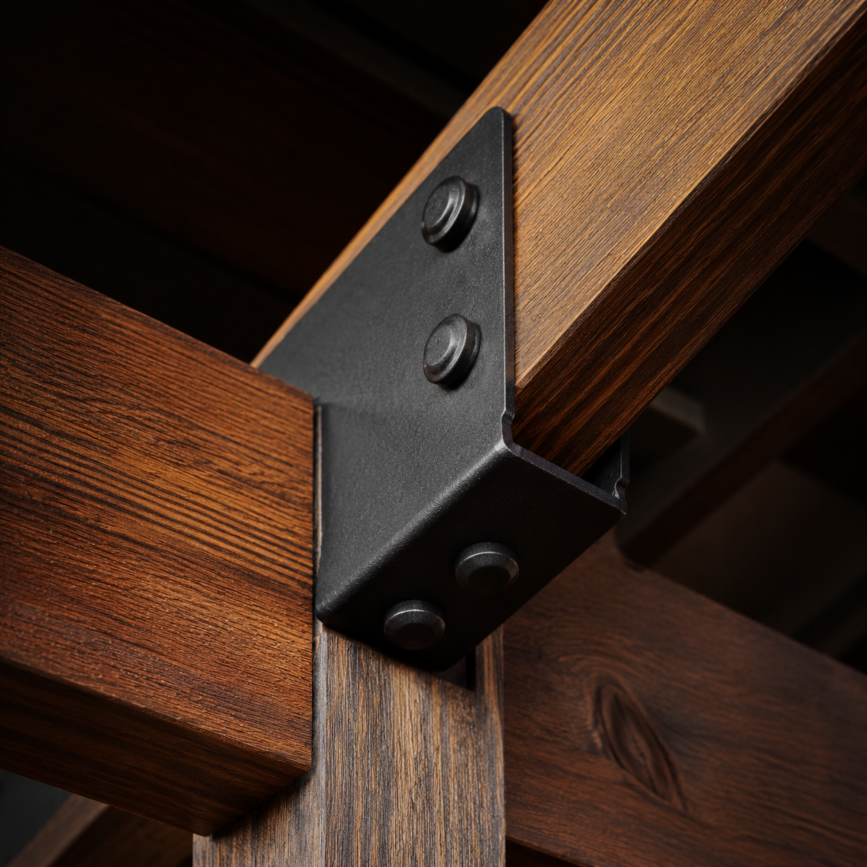 Close-up of a steel bracket joining rafter and beam