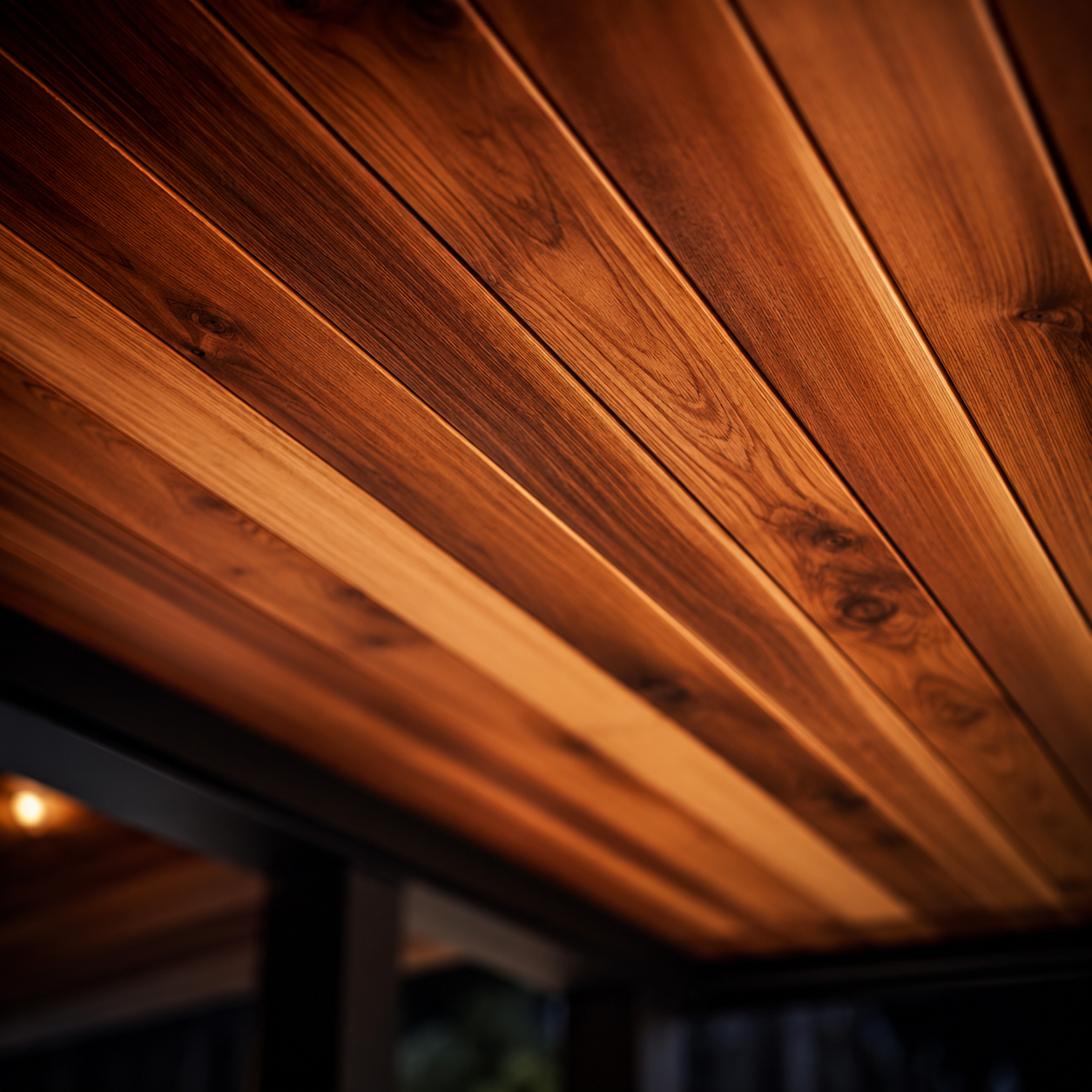 Close-up of cedar tongue-and-groove ceiling planks