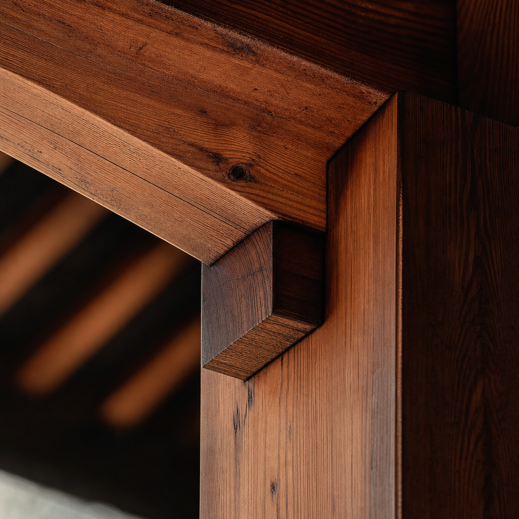 Close-up of a wood beam-to-column framing joint