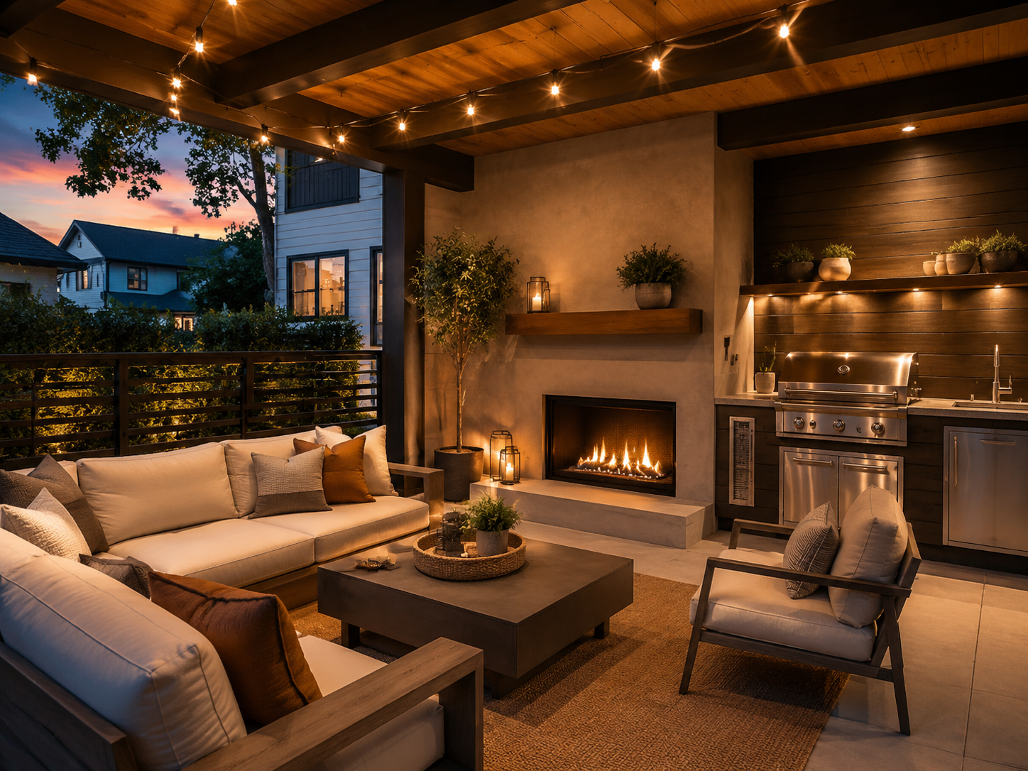 New outdoor living room with kitchen in the Heights, Houston