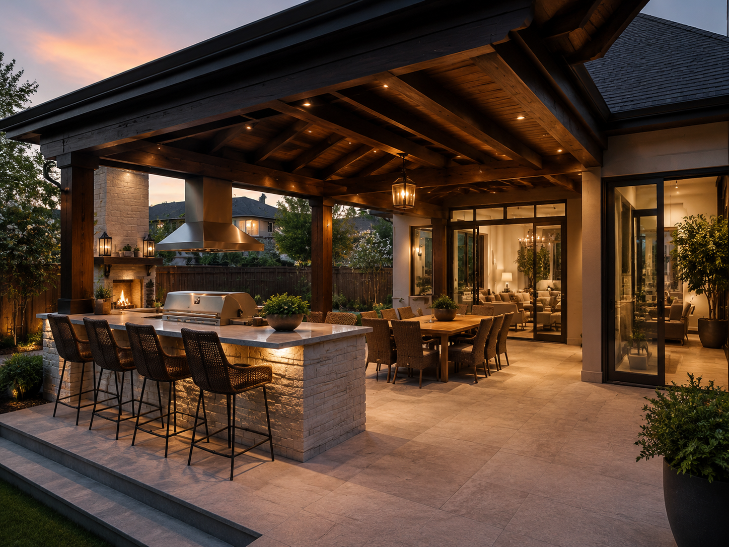 Custom outdoor kitchen with patio cover and room addition in Katy