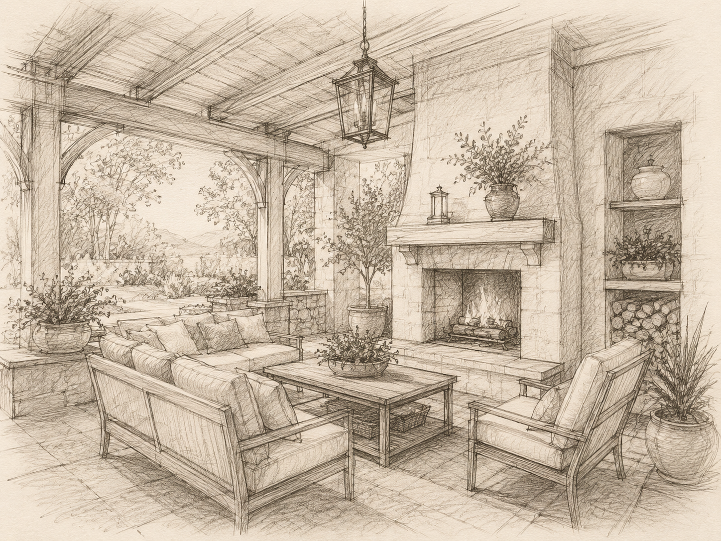 Architect's pencil sketch of a covered patio design