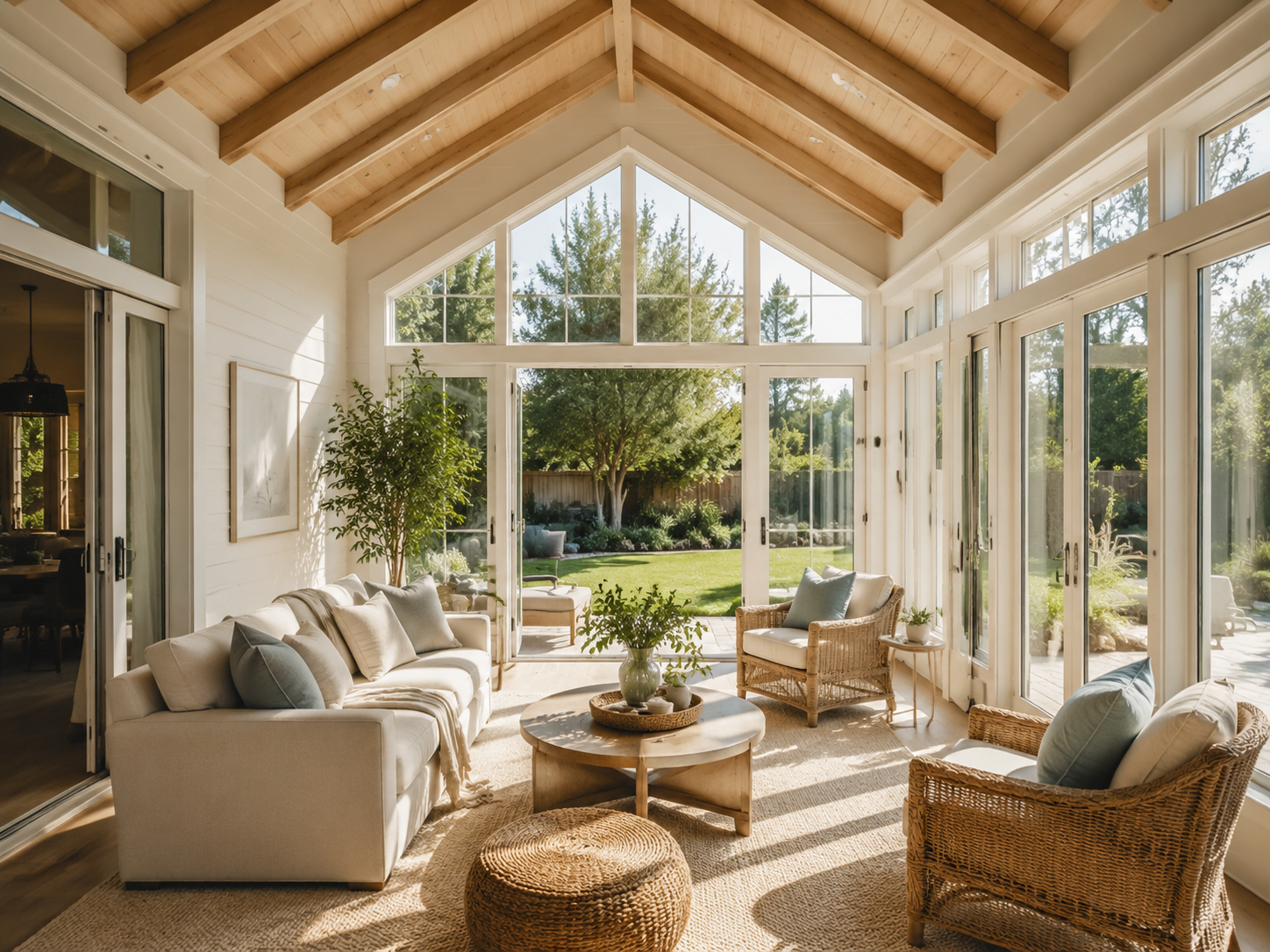 Bright sunroom room addition with vaulted ceiling and large windows