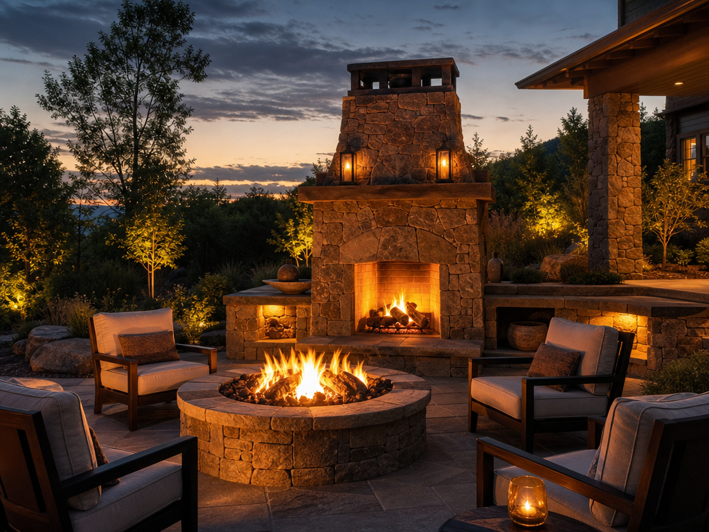 Outdoor stone fireplace and fire pit lounge at dusk