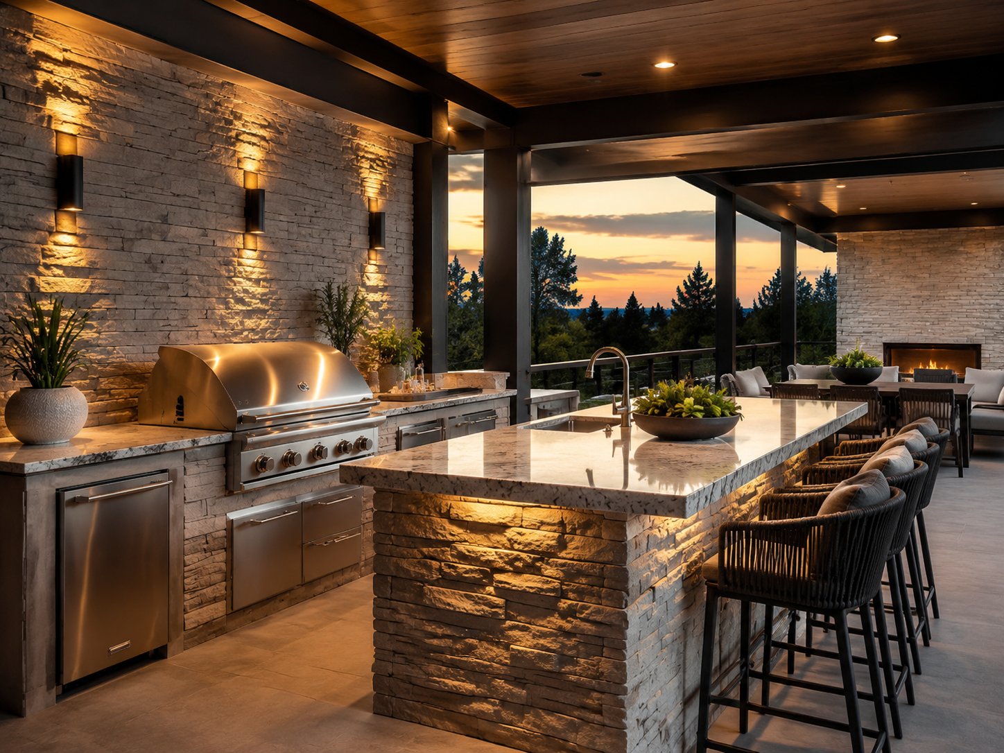 Custom outdoor kitchen with stone island and built-in grill