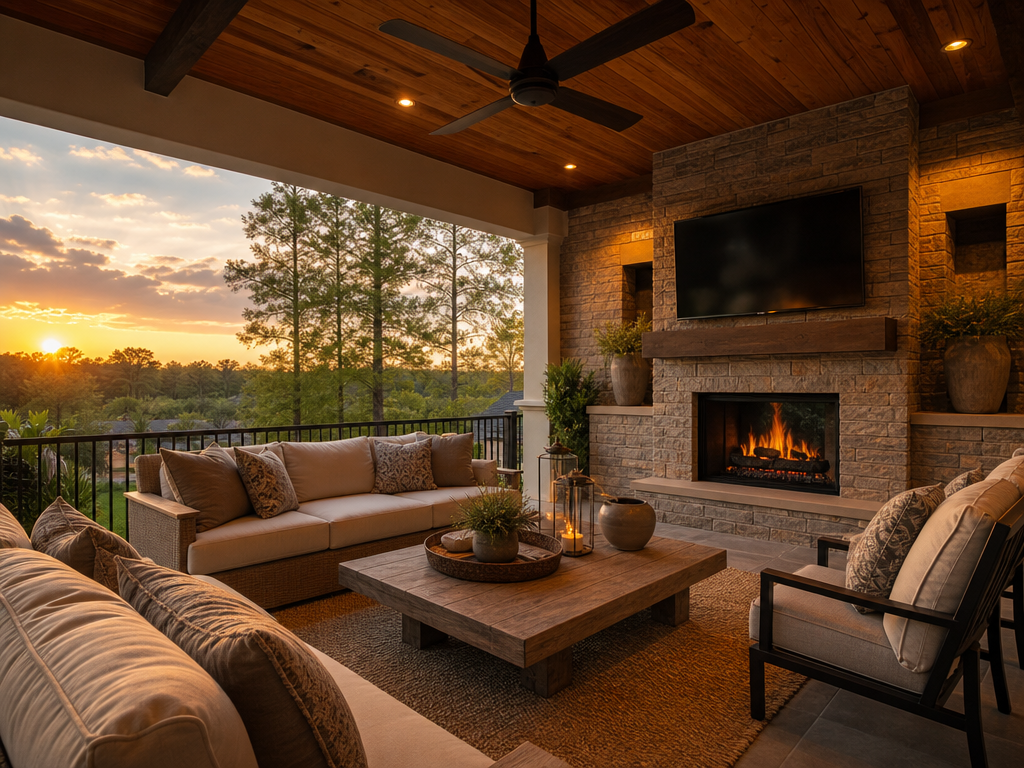 Covered outdoor living room with fireplace and sofa seating