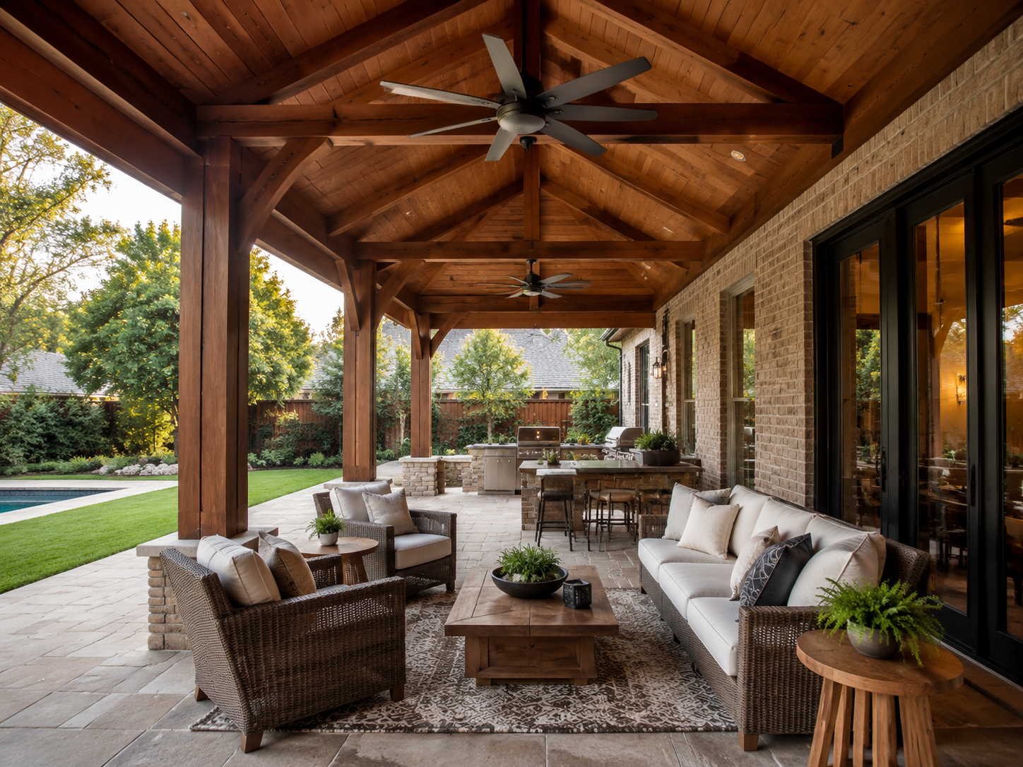 Wood-frame covered patio over stone pavers